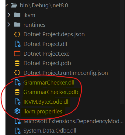 The build output folder showing GrammarChecker.dll generated from the JAR alongside the IKVM runtime assemblies