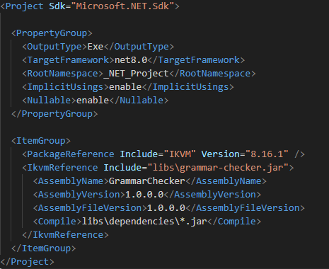 The .csproj file referencing the IKVM package and the grammar-checker.jar through an IkvmReference item