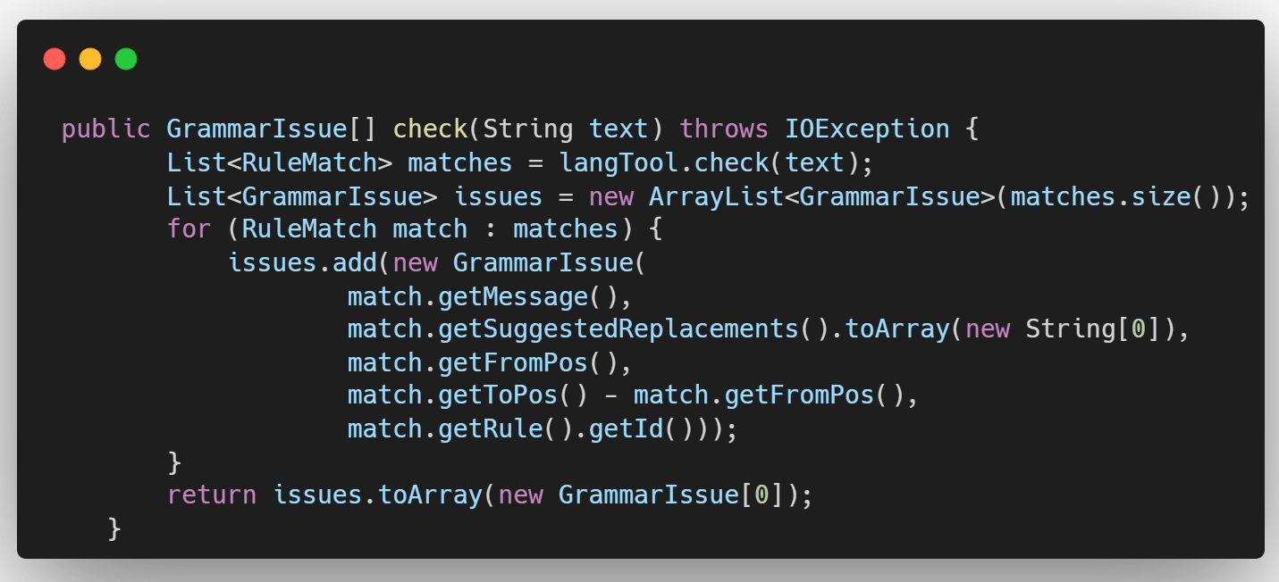 The grammar checker's check method implemented in Java using LanguageTool